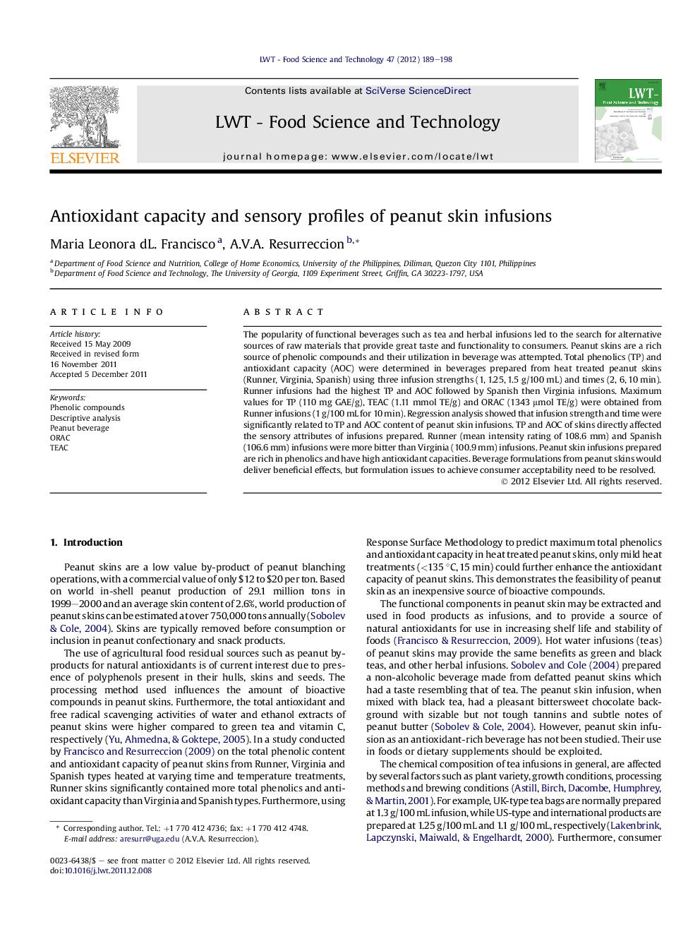 Antioxidant capacity and sensory profiles of peanut skin infusions