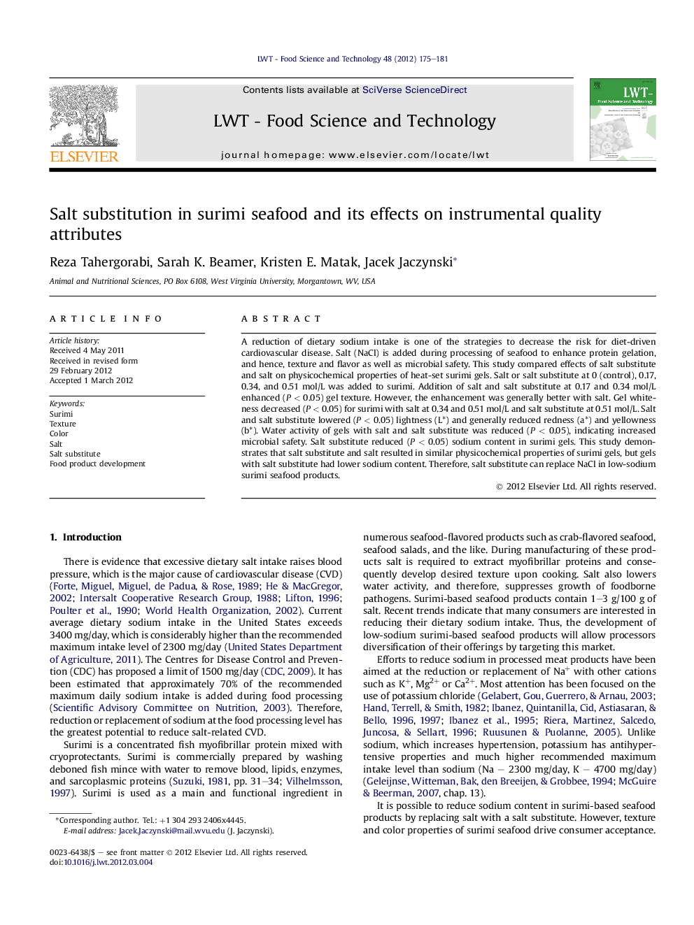 Salt substitution in surimi seafood and its effects on instrumental quality attributes