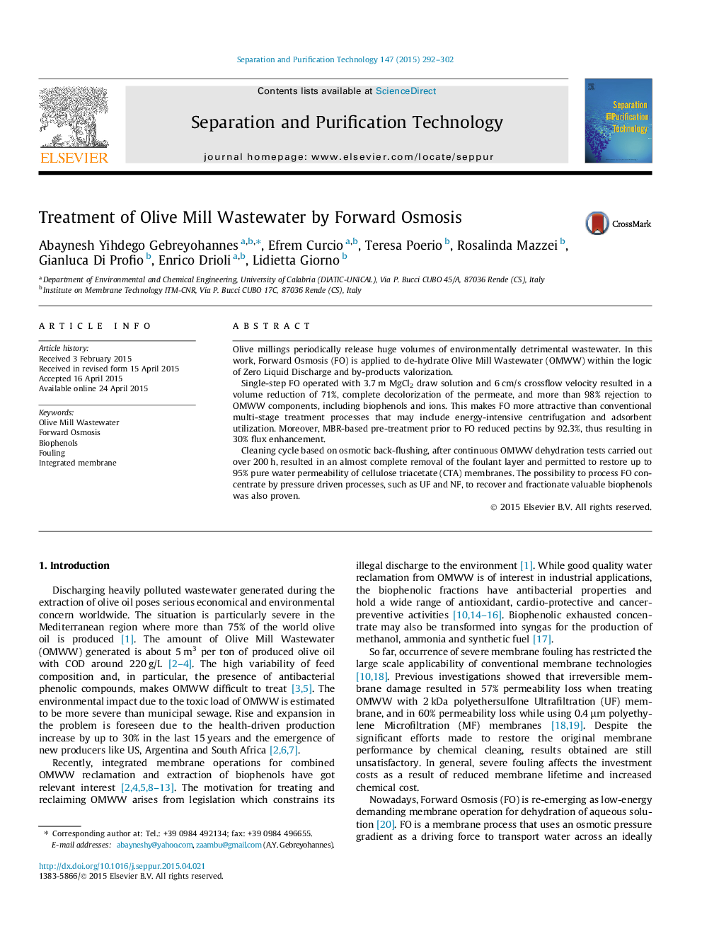 Treatment of Olive Mill Wastewater by Forward Osmosis