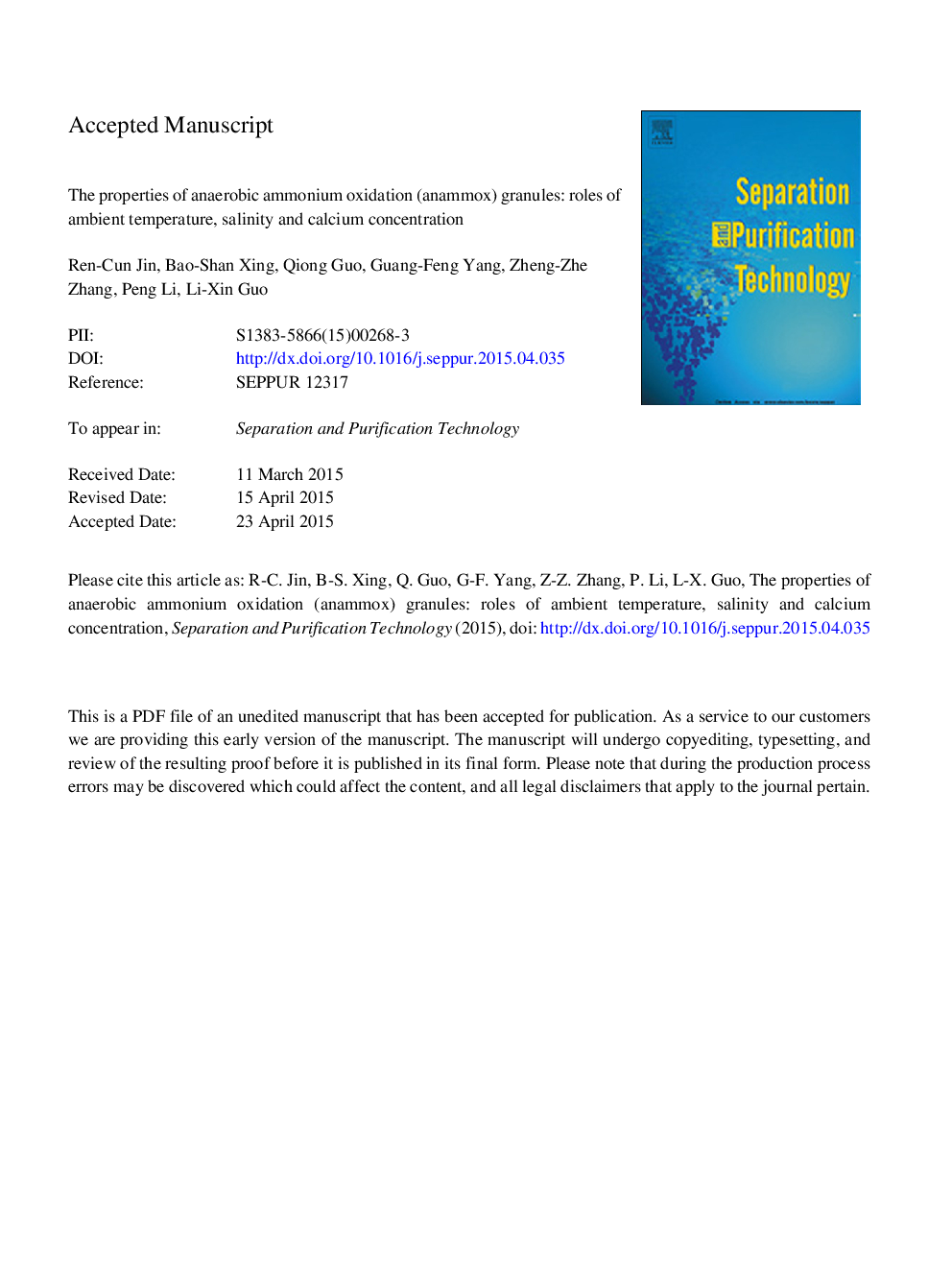 The properties of anaerobic ammonium oxidation (anammox) granules: Roles of ambient temperature, salinity and calcium concentration