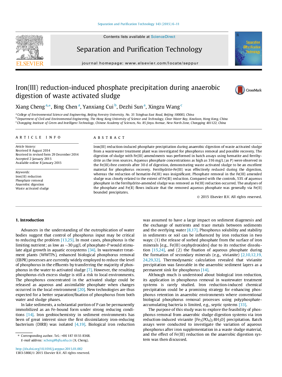 Iron(III) reduction-induced phosphate precipitation during anaerobic digestion of waste activated sludge