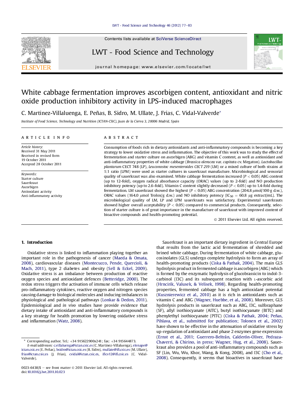 White cabbage fermentation improves ascorbigen content, antioxidant and nitric oxide production inhibitory activity in LPS-induced macrophages