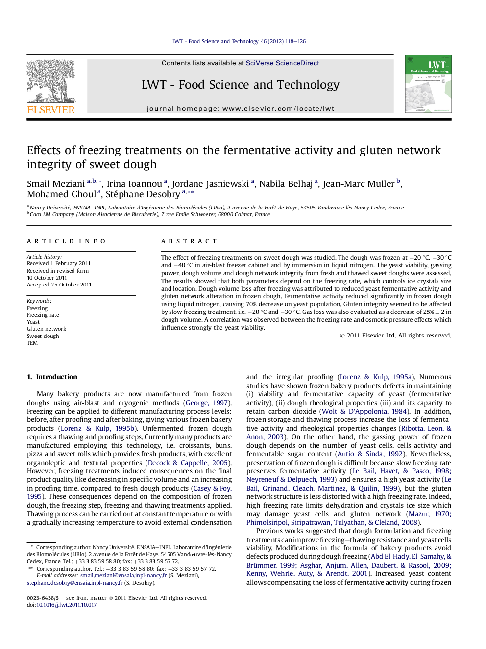 Effects of freezing treatments on the fermentative activity and gluten network integrity of sweet dough