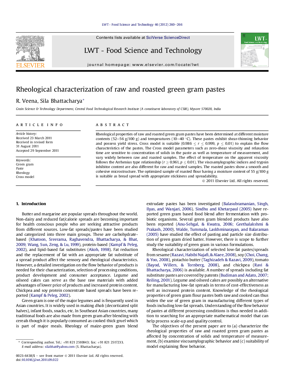 Rheological characterization of raw and roasted green gram pastes