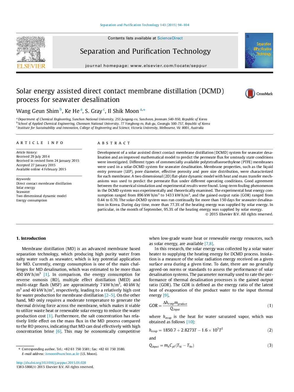 Solar energy assisted direct contact membrane distillation (DCMD) process for seawater desalination