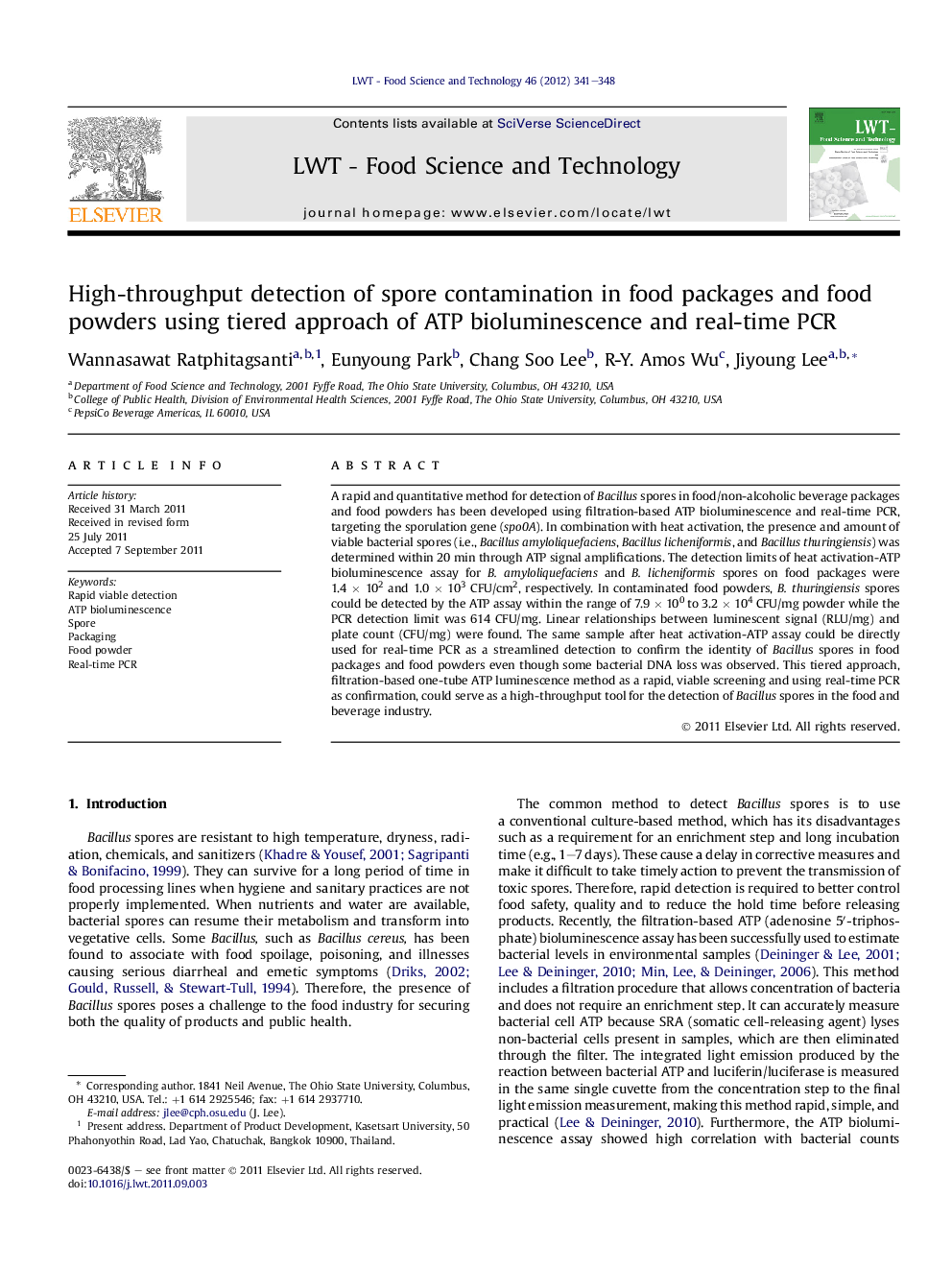 High-throughput detection of spore contamination in food packages and food powders using tiered approach of ATP bioluminescence and real-time PCR