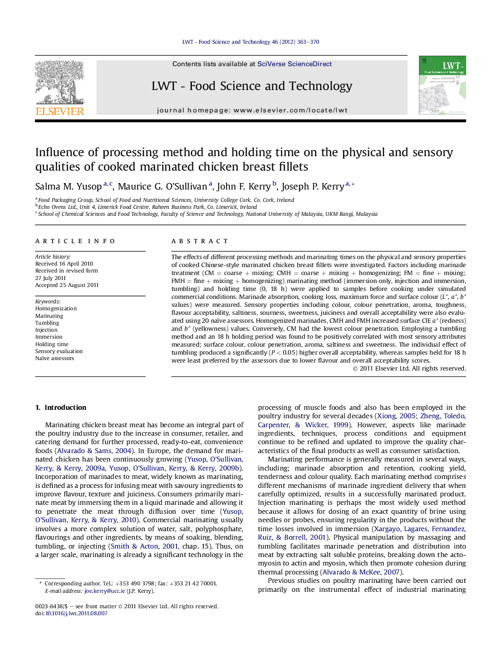 Influence of processing method and holding time on the physical and sensory qualities of cooked marinated chicken breast fillets