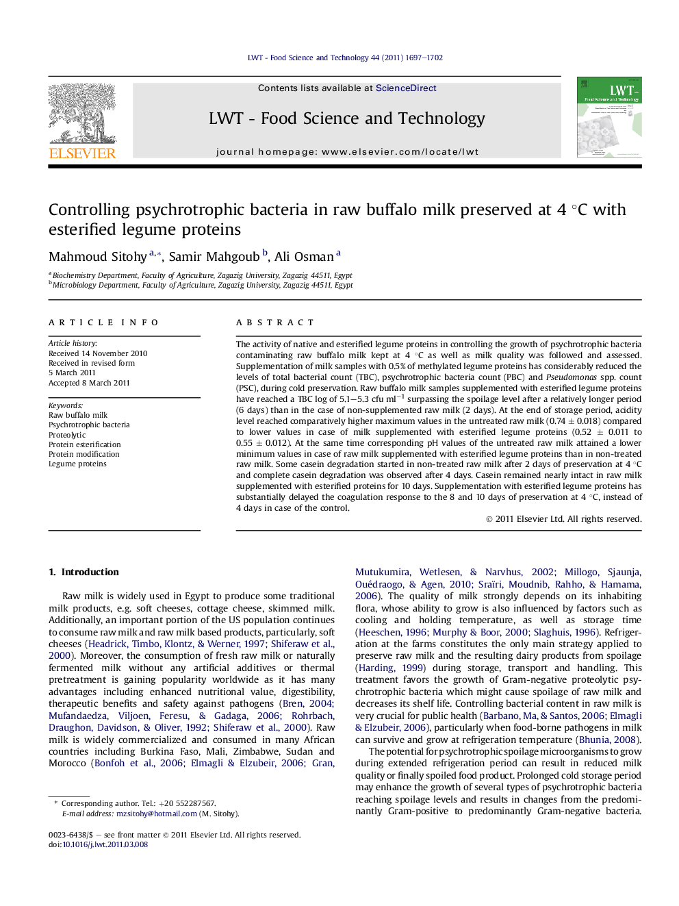 Controlling psychrotrophic bacteria in raw buffalo milk preserved at 4Â Â°C with esterified legume proteins