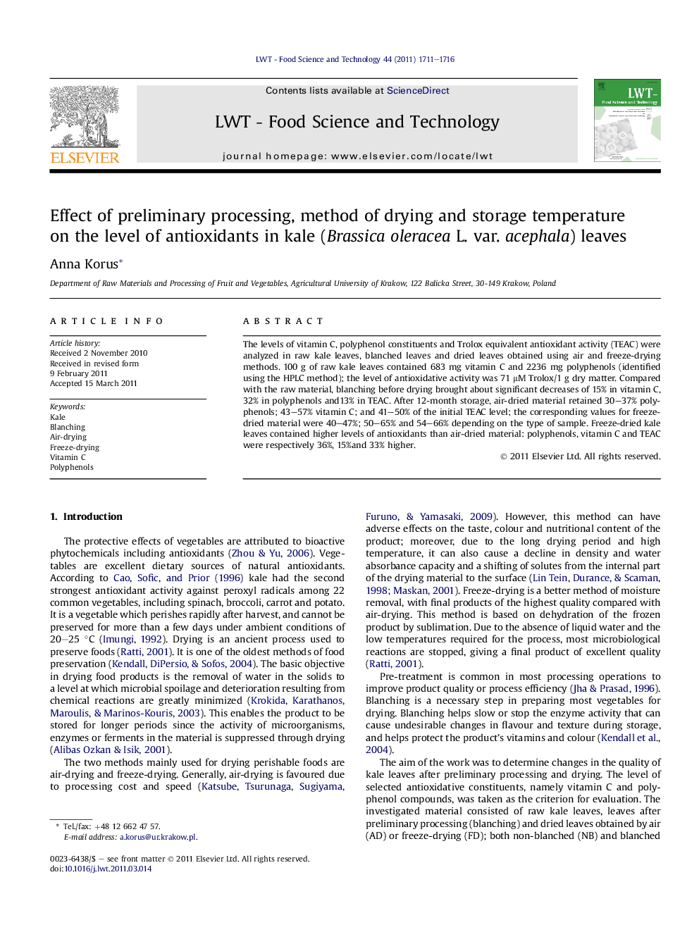 Effect of preliminary processing, method of drying and storage temperature on the level of antioxidants in kale (Brassica oleracea L. var. acephala) leaves