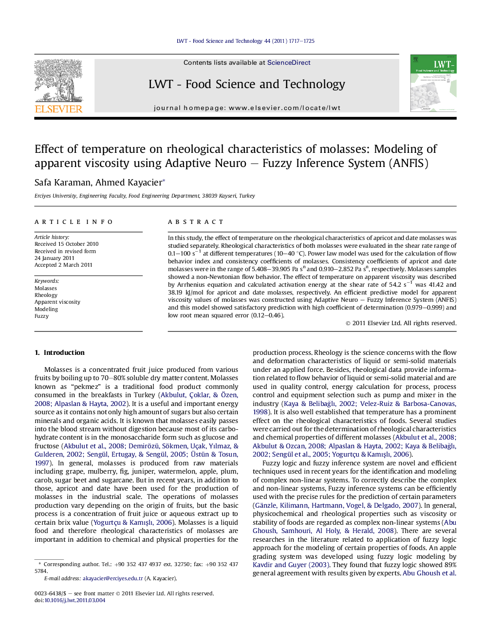 Effect of temperature on rheological characteristics of molasses: Modeling of apparent viscosity using Adaptive Neuro - Fuzzy Inference System (ANFIS)