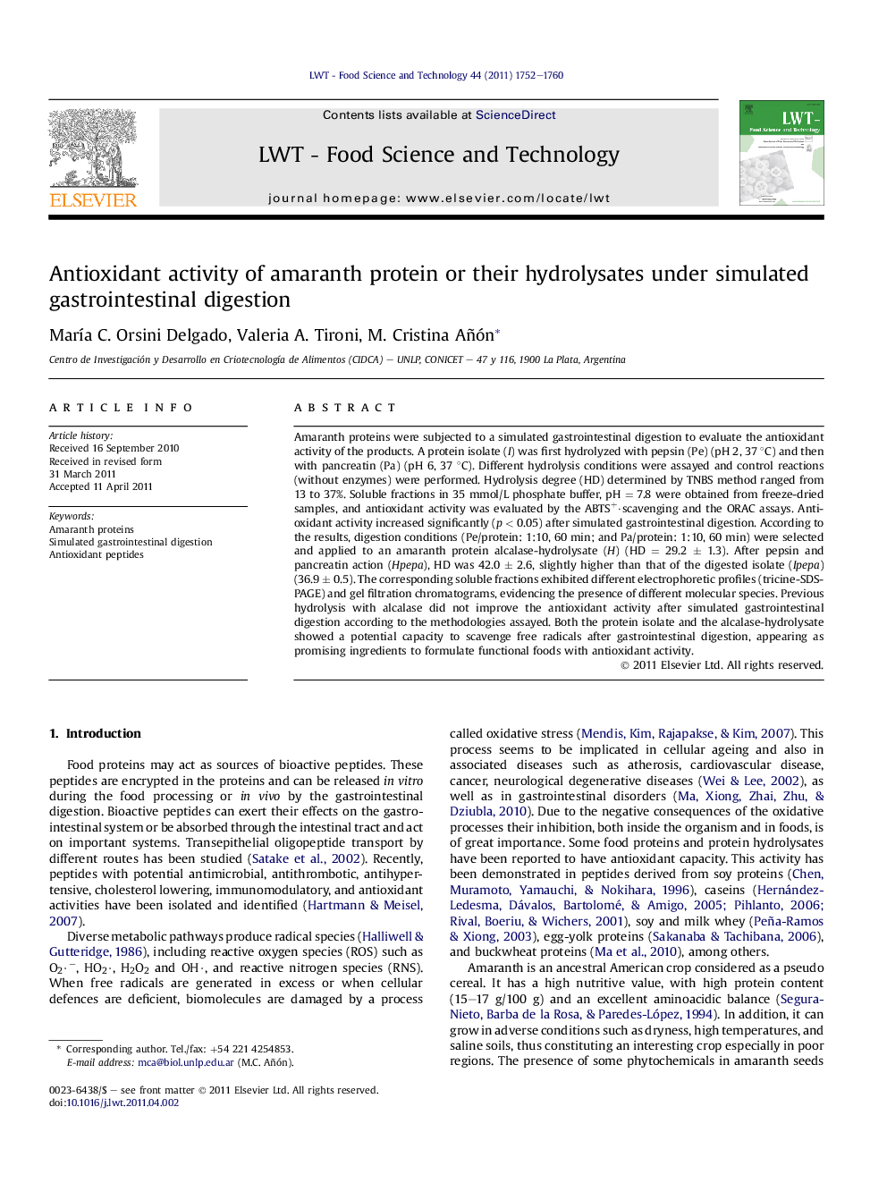 Antioxidant activity of amaranth protein or their hydrolysates under simulated gastrointestinal digestion