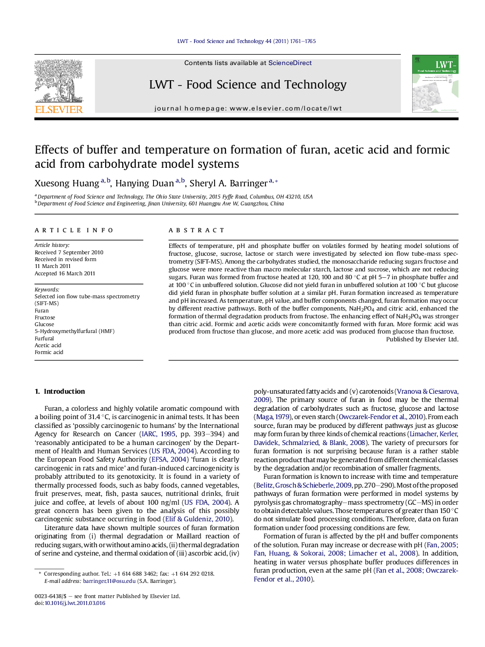 Effects of buffer and temperature on formation of furan, acetic acid and formic acid from carbohydrate model systems