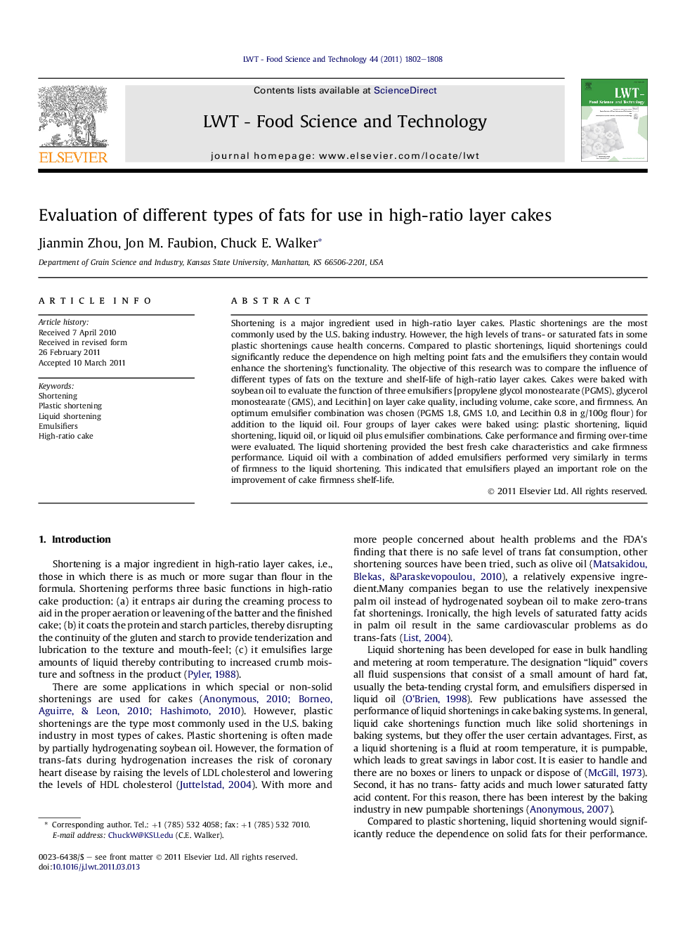 Evaluation of different types of fats for use in high-ratio layer cakes