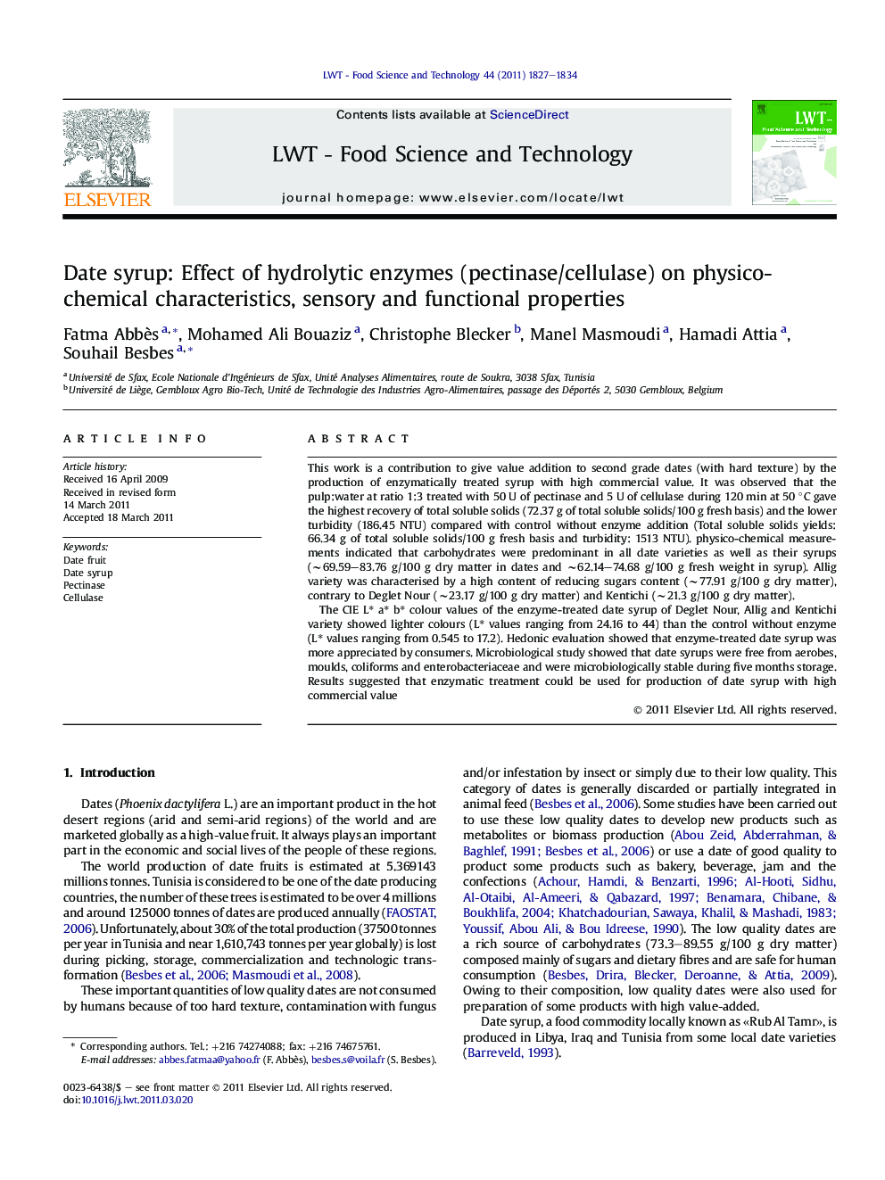 Date syrup: Effect of hydrolytic enzymes (pectinase/cellulase) on physico-chemical characteristics, sensory and functional properties