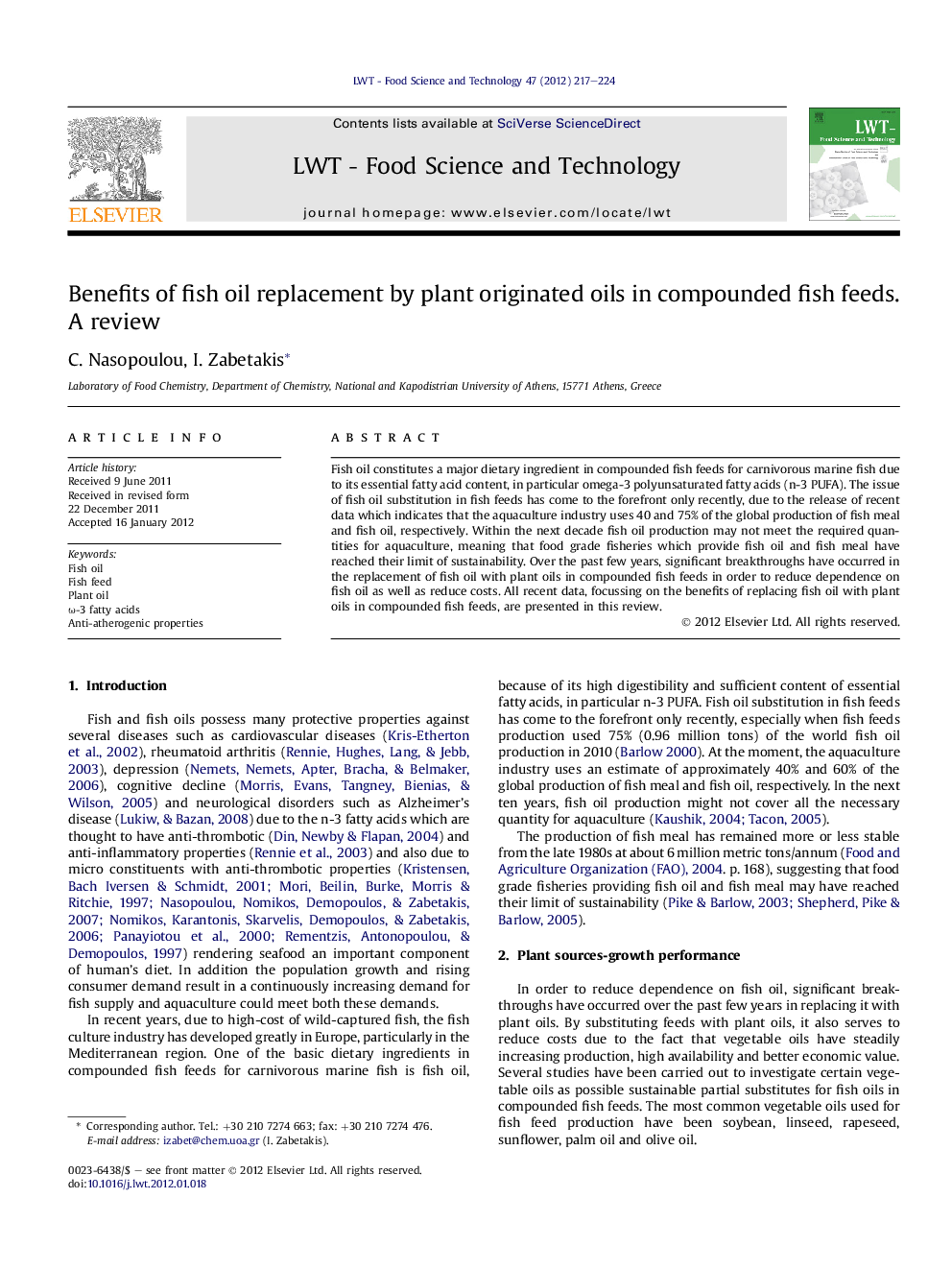 Benefits of fish oil replacement by plant originated oils in compounded fish feeds. A review