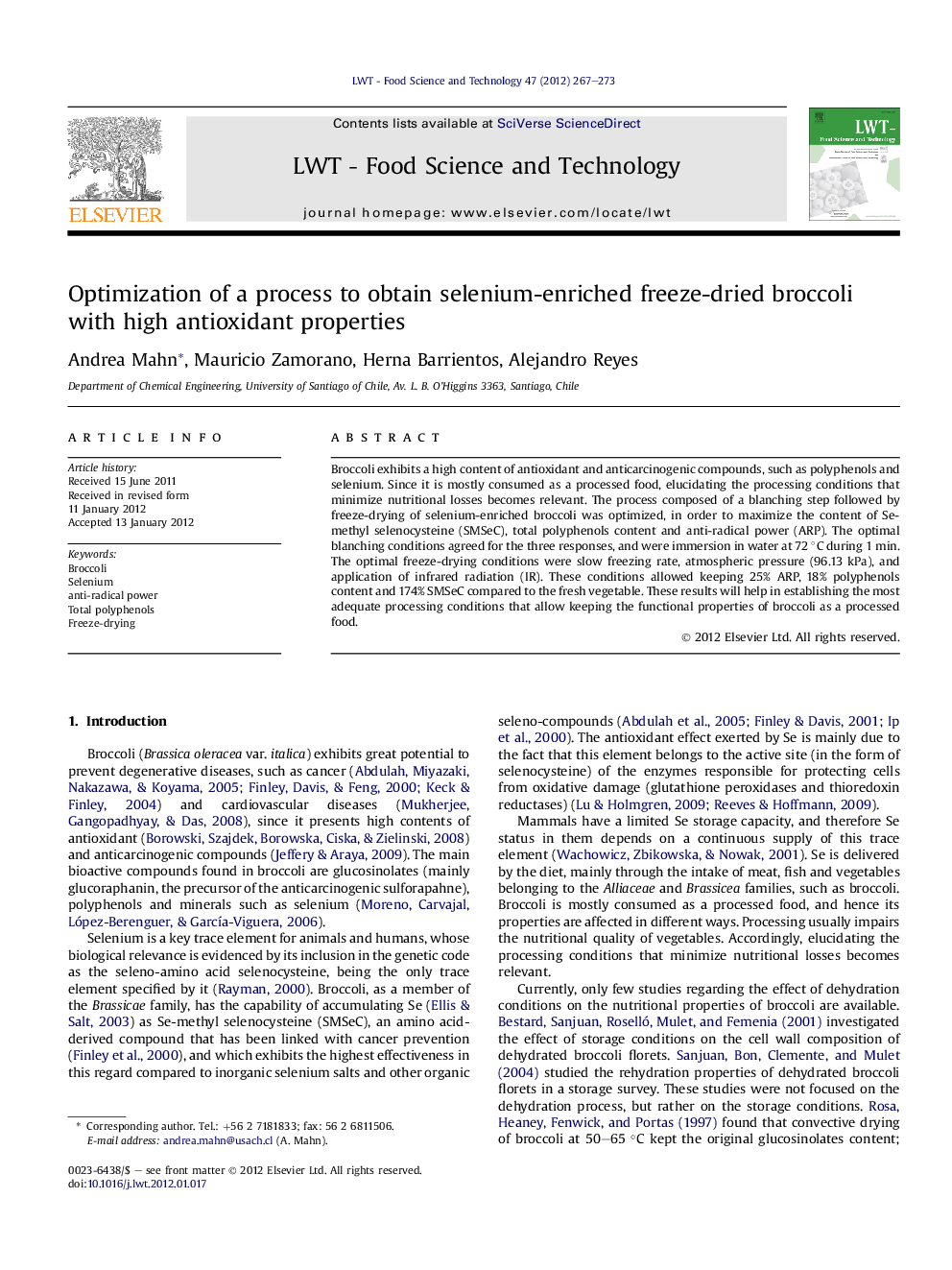 Optimization of a process to obtain selenium-enriched freeze-dried broccoli with high antioxidant properties