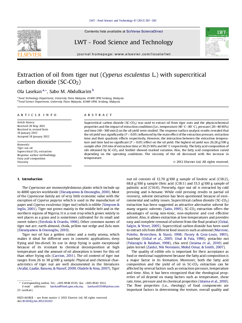 Extraction of oil from tiger nut (Cyperus esculentus L.) with supercritical carbon dioxide (SC-CO2)