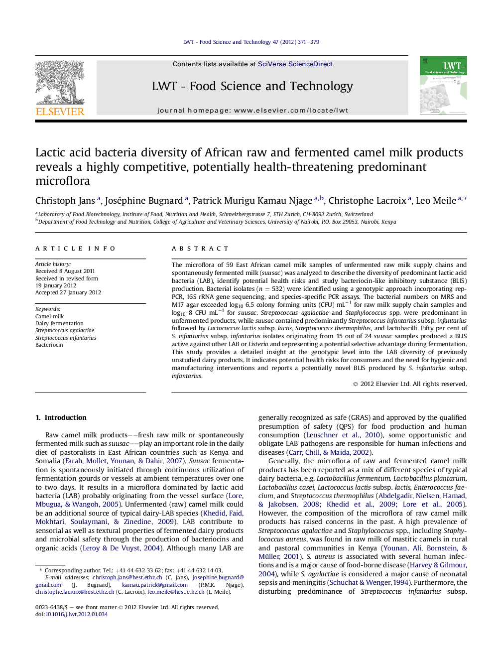 Lactic acid bacteria diversity of African raw and fermented camel milk products reveals a highly competitive, potentially health-threatening predominant microflora