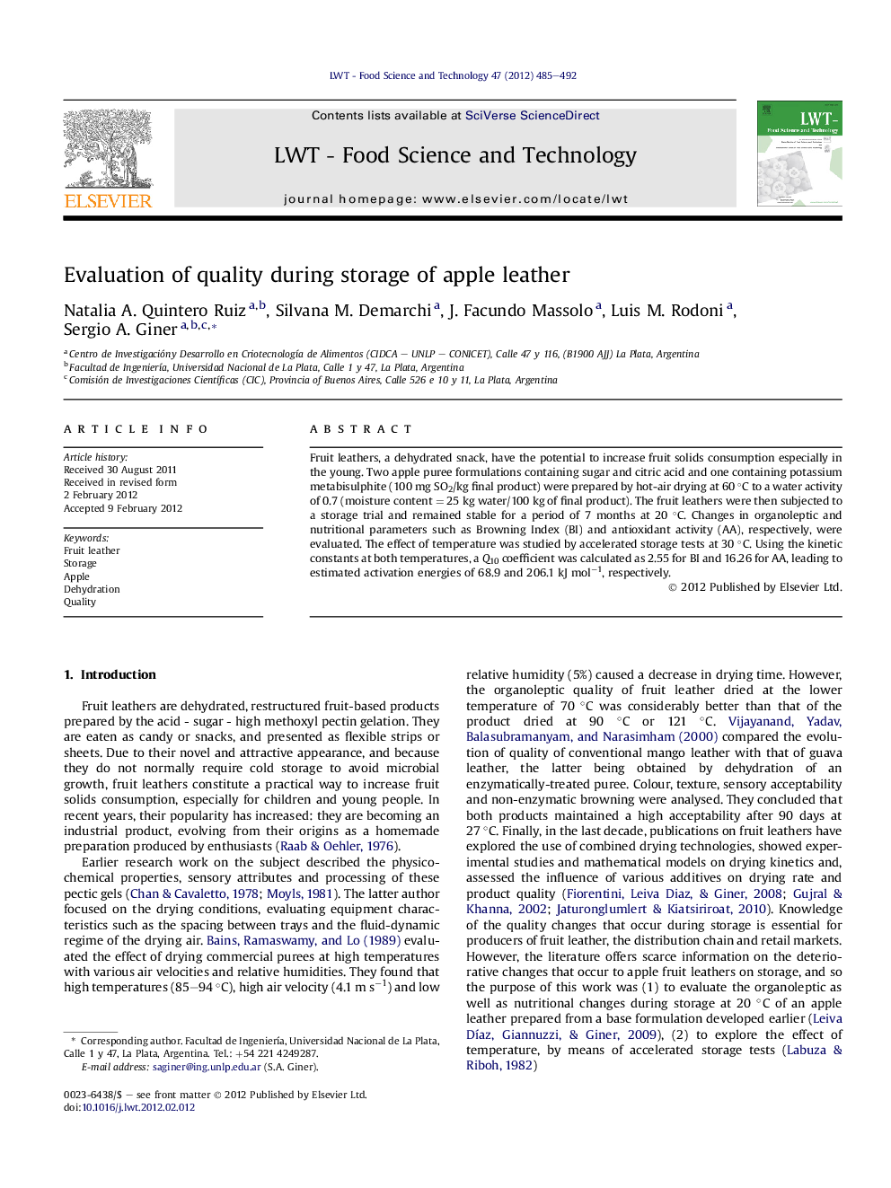 Evaluation of quality during storage of apple leather