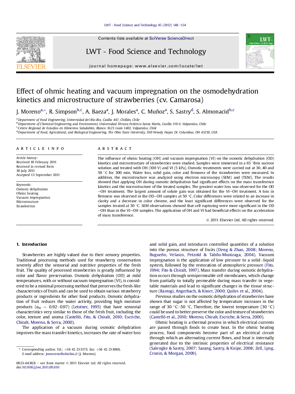 Effect of ohmic heating and vacuum impregnation on the osmodehydration kinetics and microstructure of strawberries (cv. Camarosa)