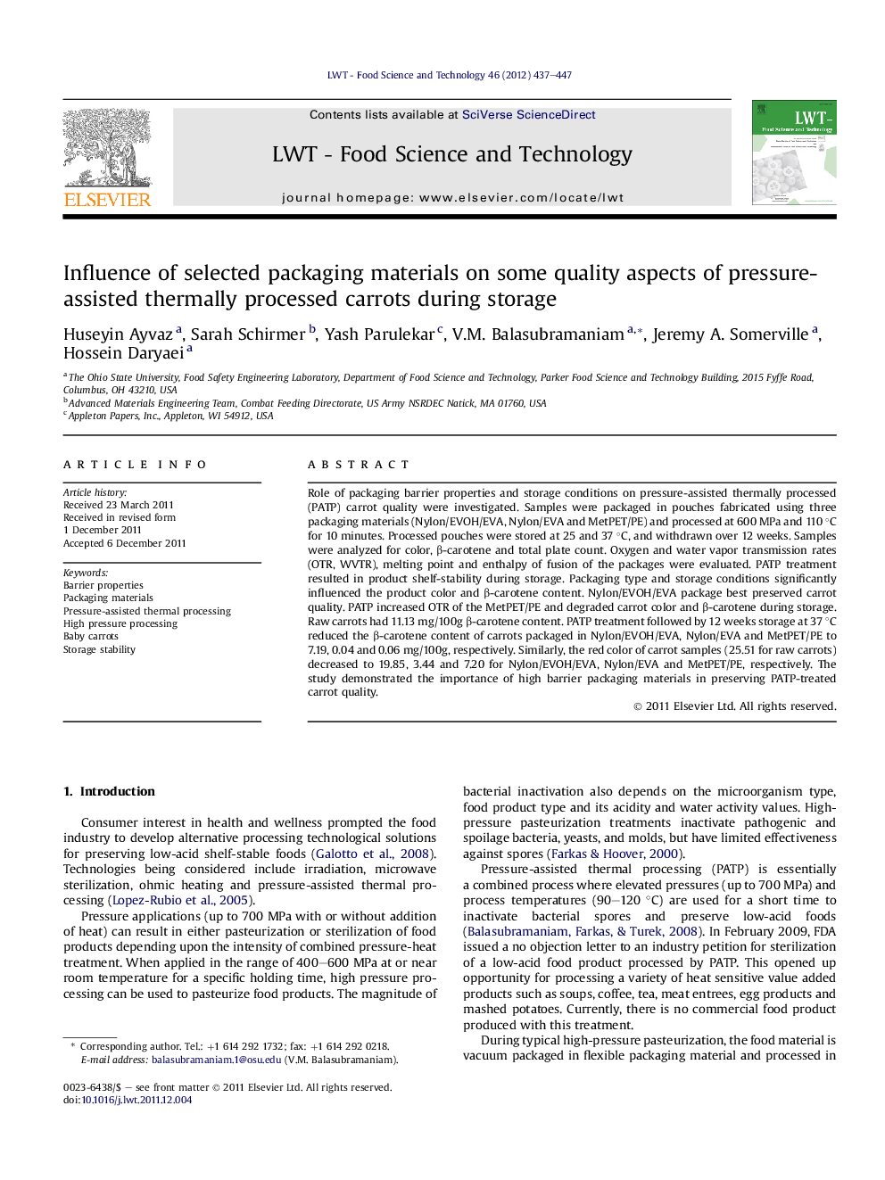 Influence of selected packaging materials on some quality aspects of pressure-assisted thermally processed carrots during storage