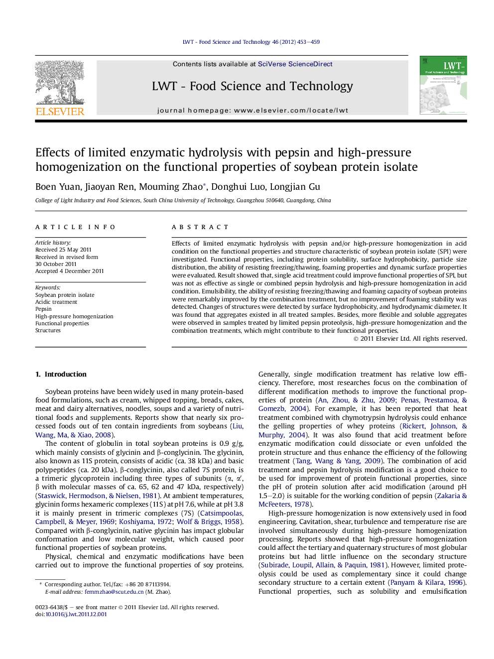 Effects of limited enzymatic hydrolysis with pepsin and high-pressure homogenization on the functional properties of soybean protein isolate