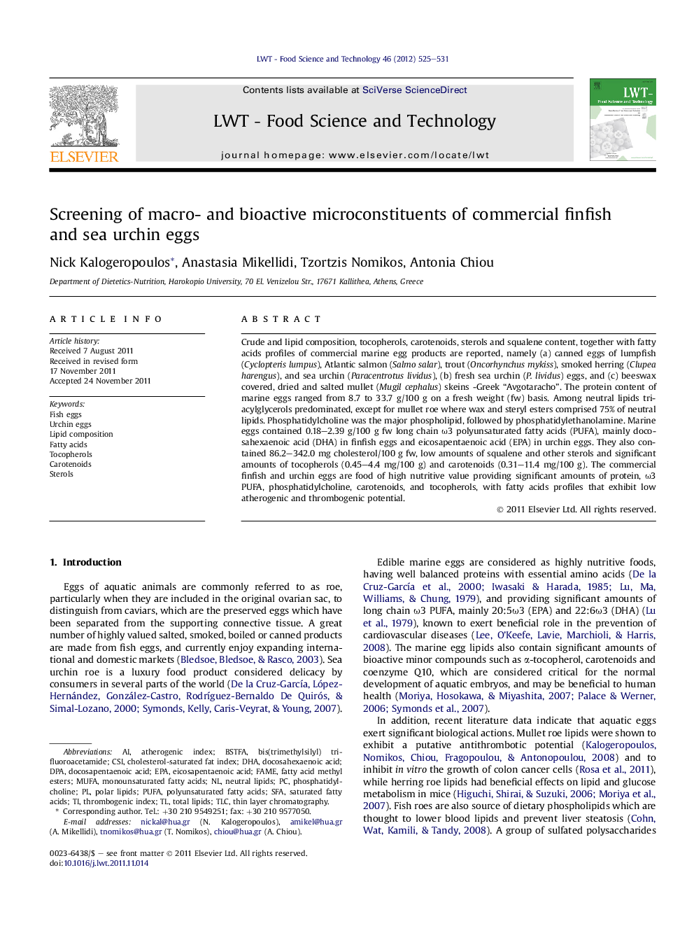 Screening of macro- and bioactive microconstituents of commercial finfish and sea urchin eggs