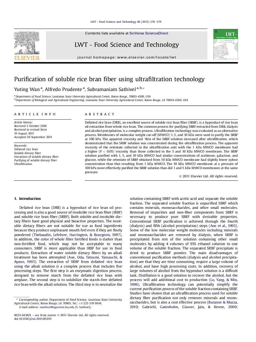 Purification of soluble rice bran fiber using ultrafiltration technology