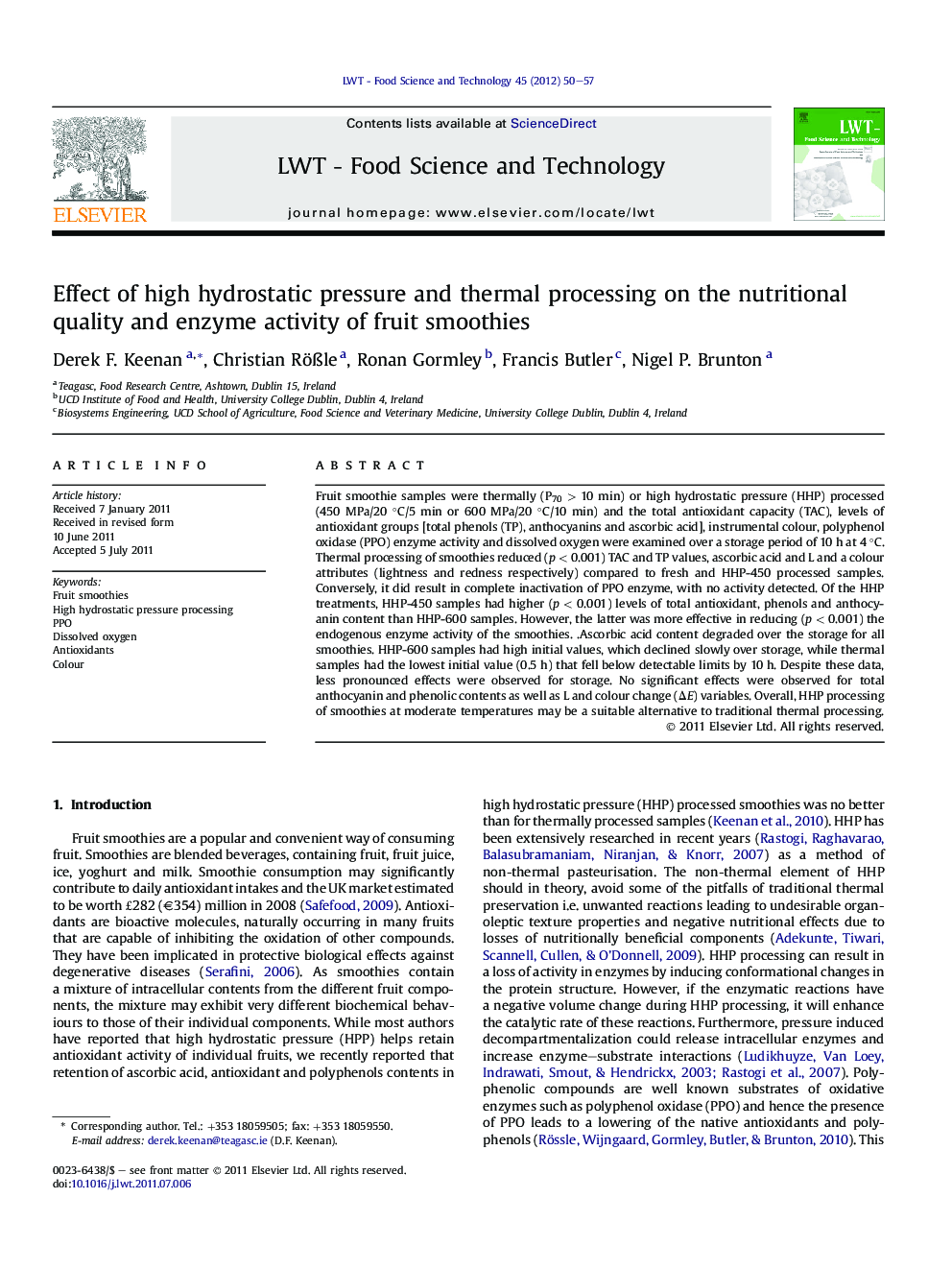 Effect of high hydrostatic pressure and thermal processing on the nutritional quality and enzyme activity of fruit smoothies