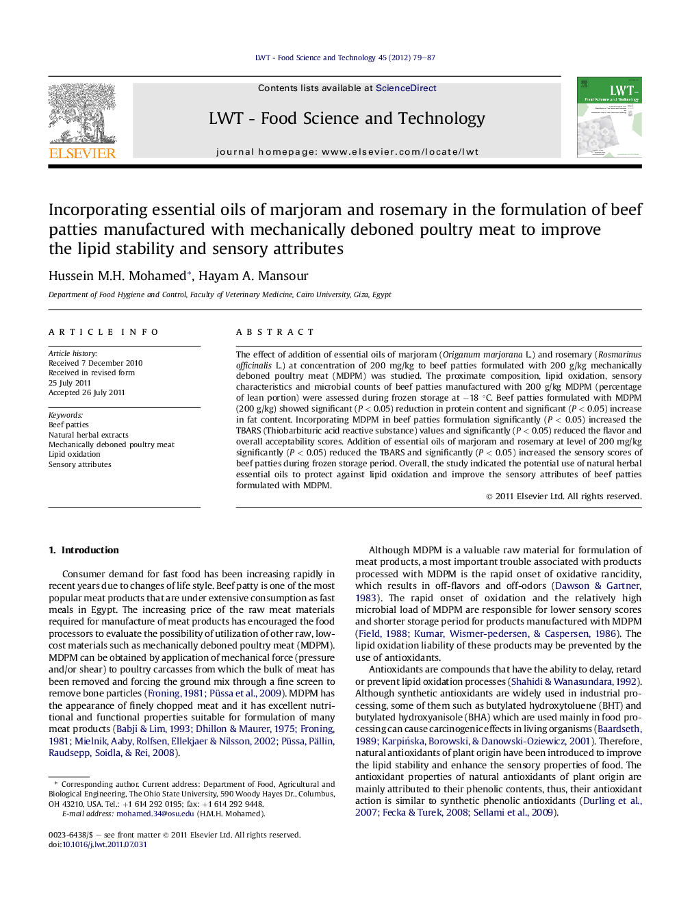 Incorporating essential oils of marjoram and rosemary in the formulation of beef patties manufactured with mechanically deboned poultry meat to improve the lipid stability and sensory attributes