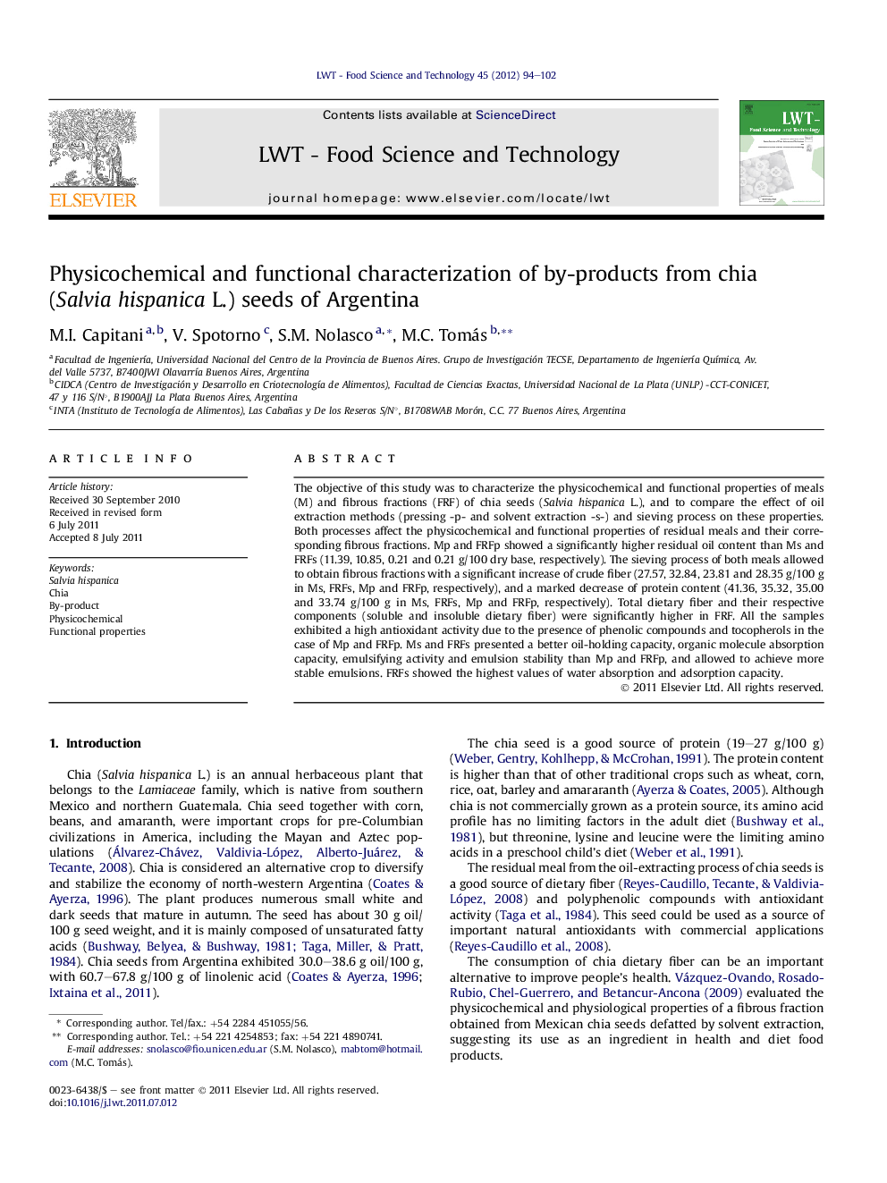 Physicochemical and functional characterization of by-products from chia (Salvia hispanica L.) seeds of Argentina