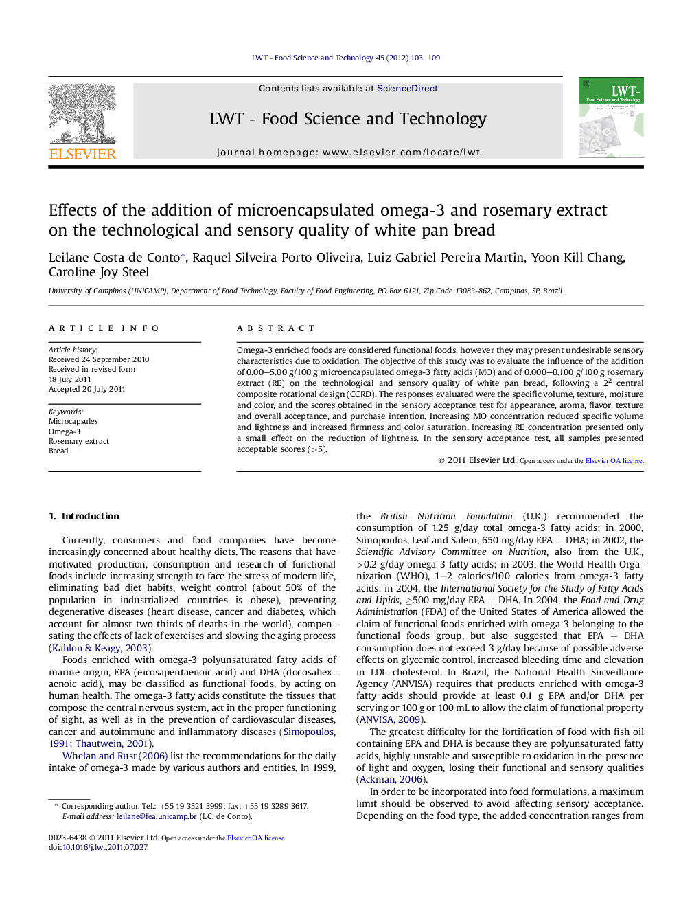 Effects of the addition of microencapsulated omega-3 and rosemary extract on the technological and sensory quality of white pan bread