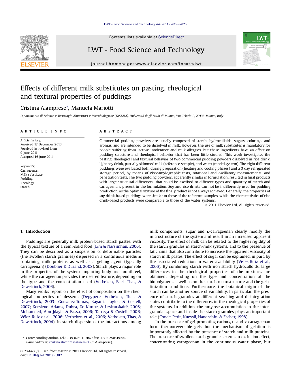 Effects of different milk substitutes on pasting, rheological and textural properties of puddings