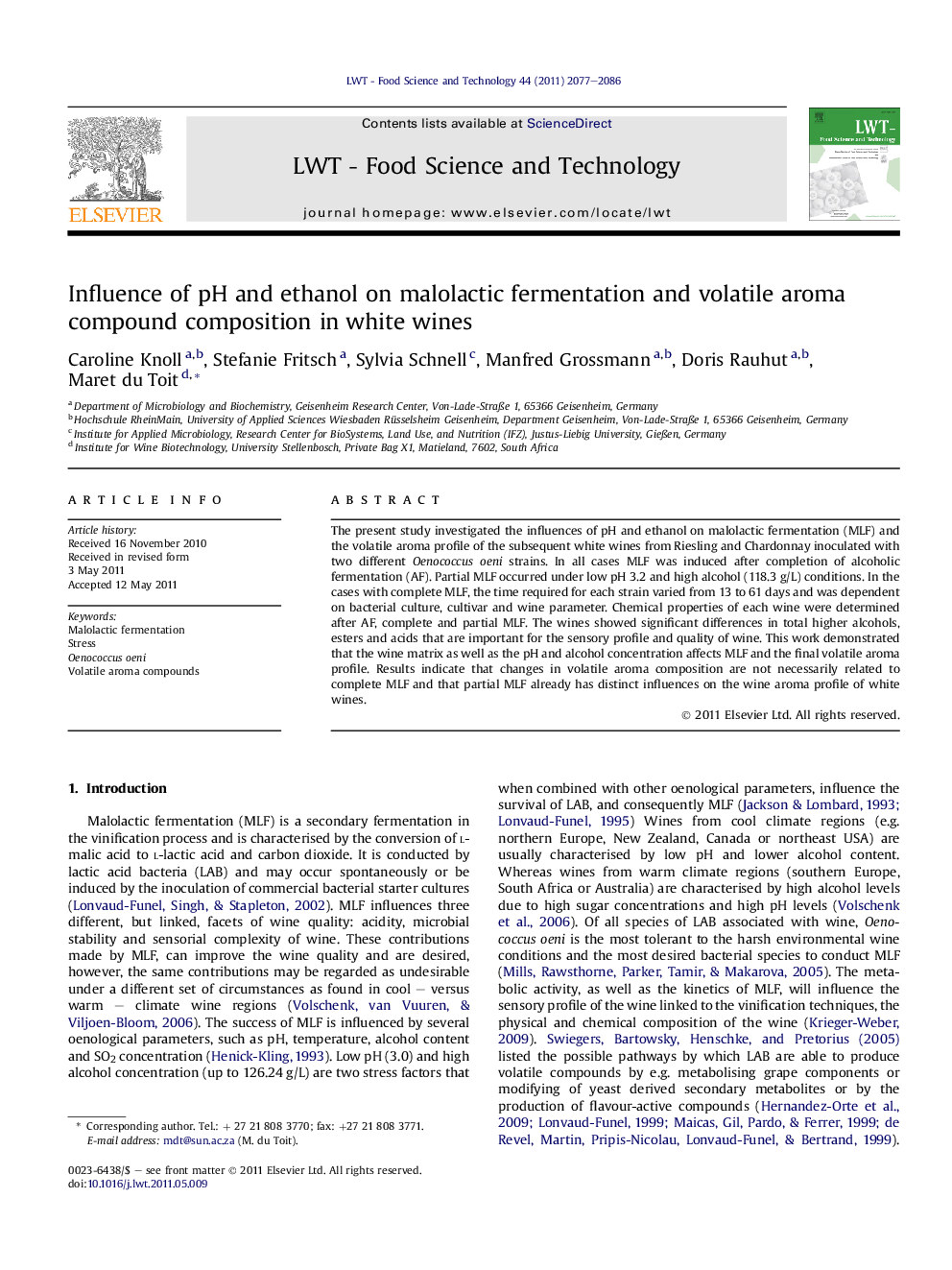 Influence of pH and ethanol on malolactic fermentation and volatile aroma compound composition in white wines