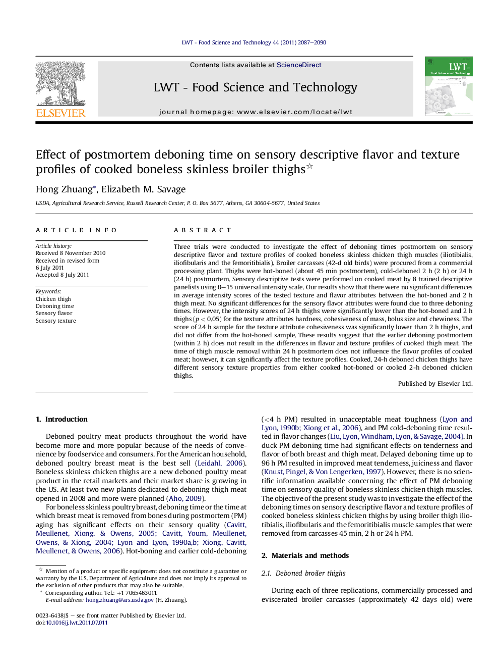 Effect of postmortem deboning time on sensory descriptive flavor and texture profiles of cooked boneless skinless broiler thighs