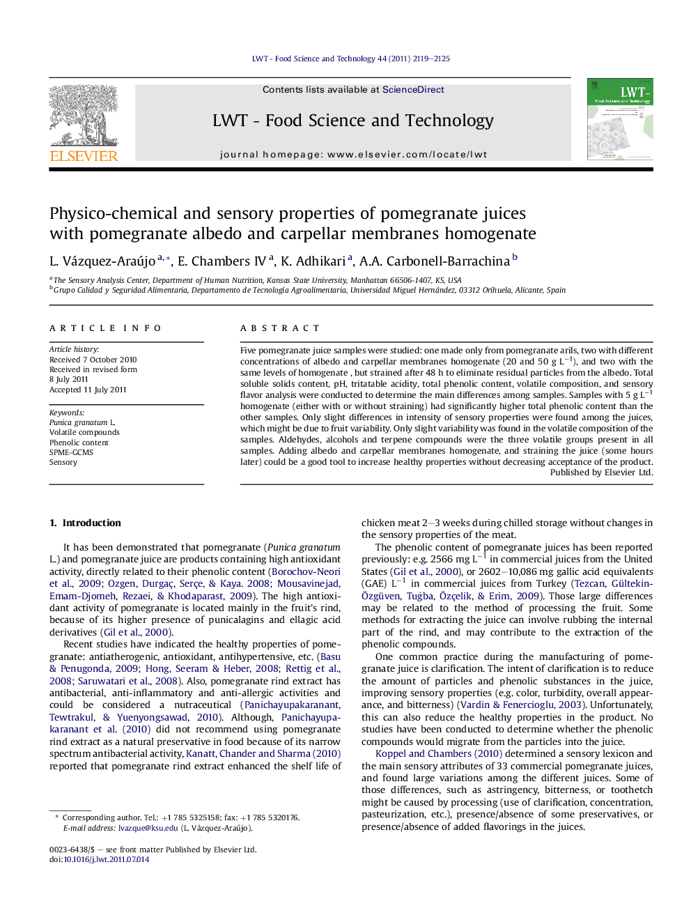 Physico-chemical and sensory properties of pomegranate juices with pomegranate albedo and carpellar membranes homogenate