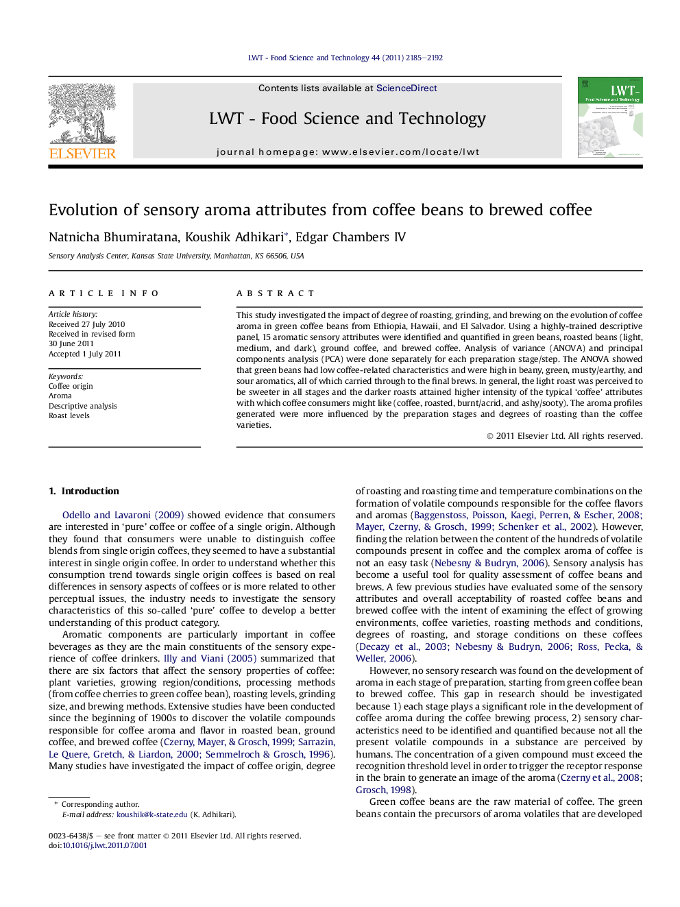 Evolution of sensory aroma attributes from coffee beans to brewed coffee