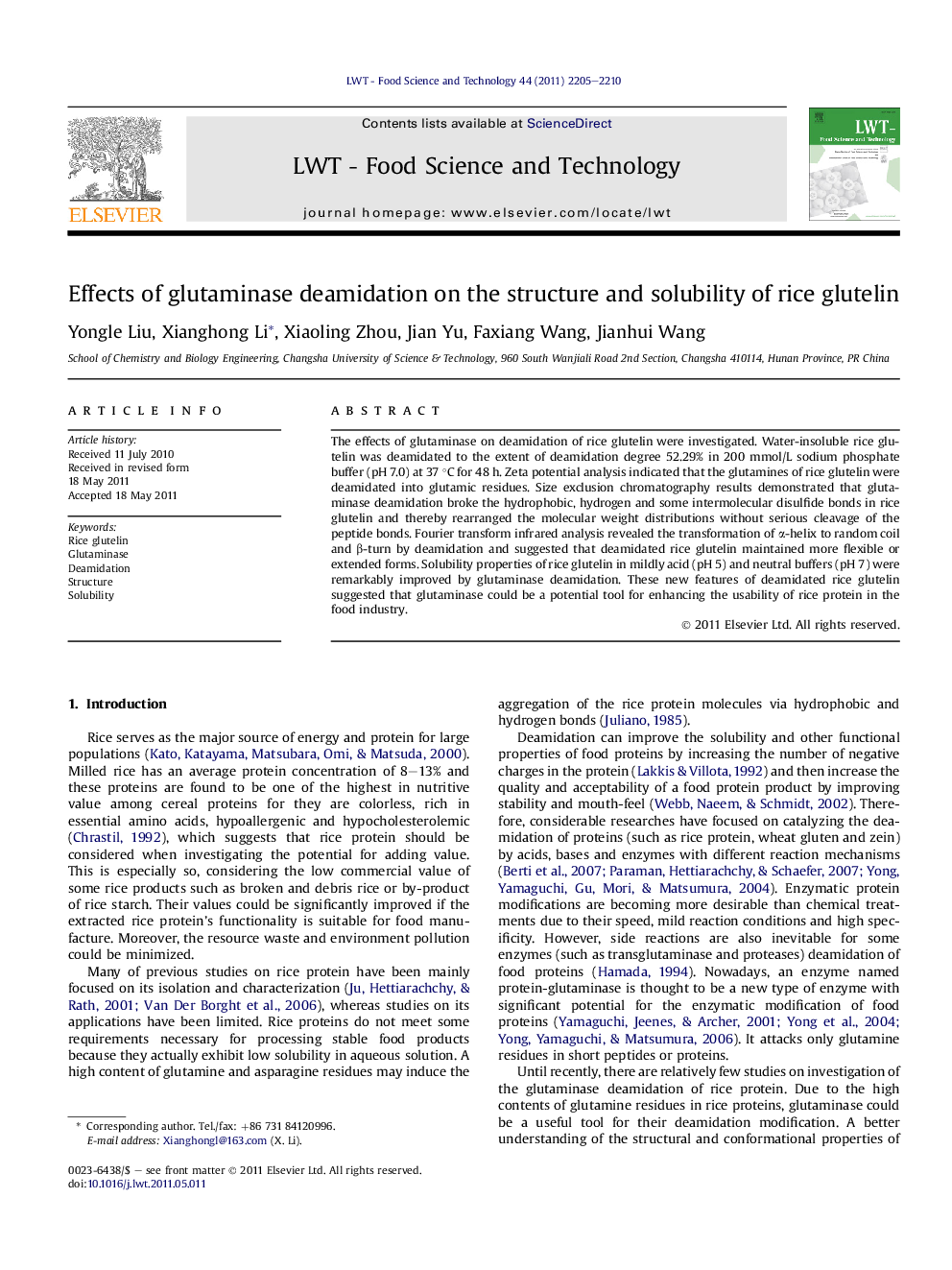 Effects of glutaminase deamidation on the structure and solubility of rice glutelin