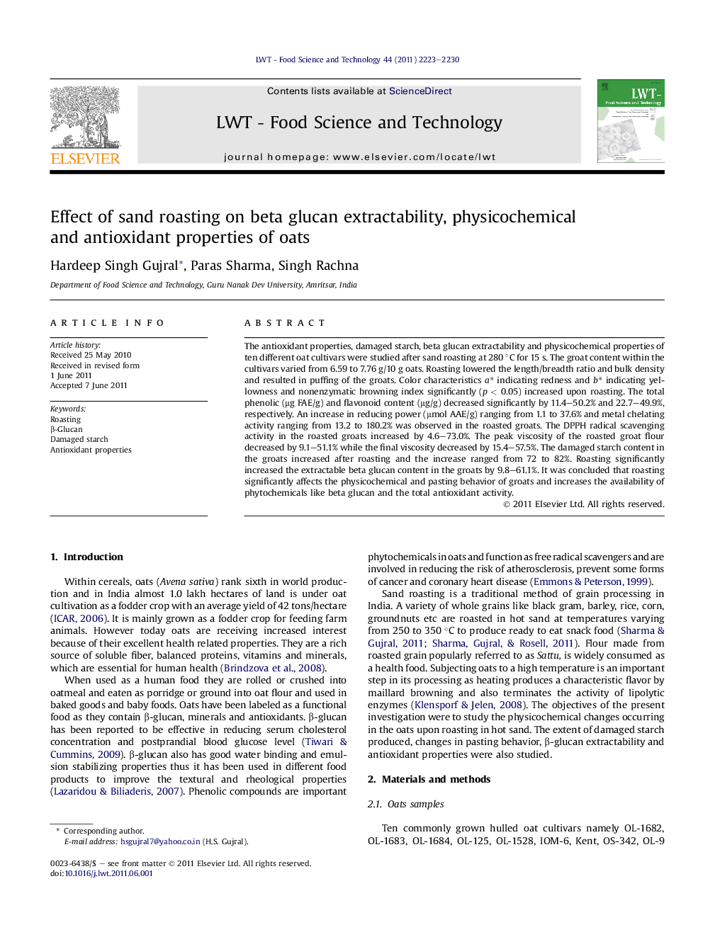 Effect of sand roasting on beta glucan extractability, physicochemical and antioxidant properties of oats