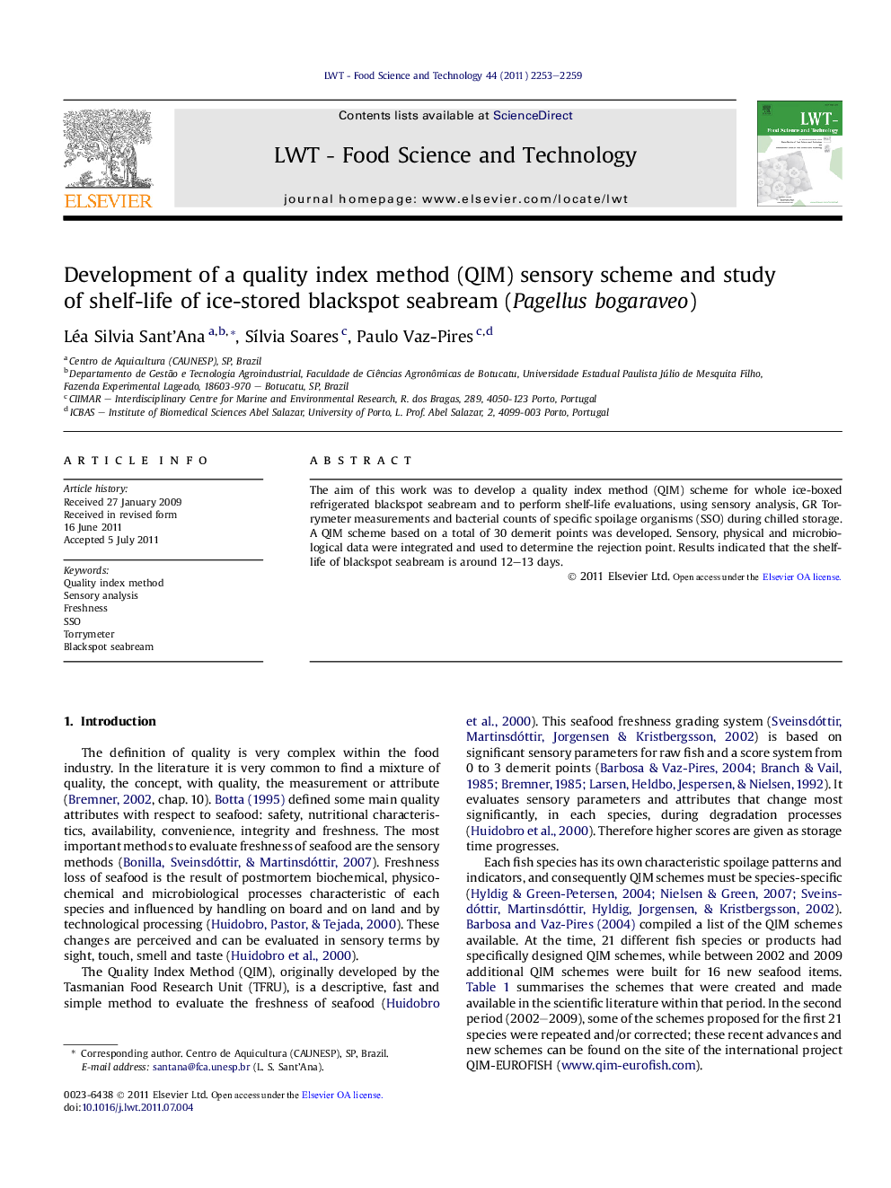 Development of a quality index method (QIM) sensory scheme and study of shelf-life of ice-stored blackspot seabream (Pagellus bogaraveo)