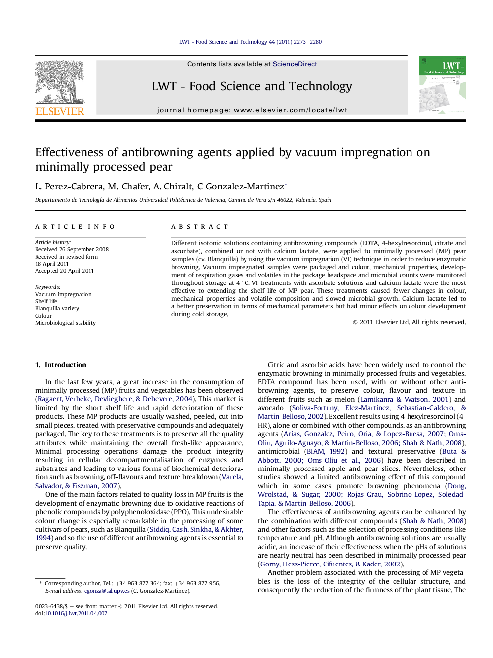 Effectiveness of antibrowning agents applied by vacuum impregnation on minimally processed pear