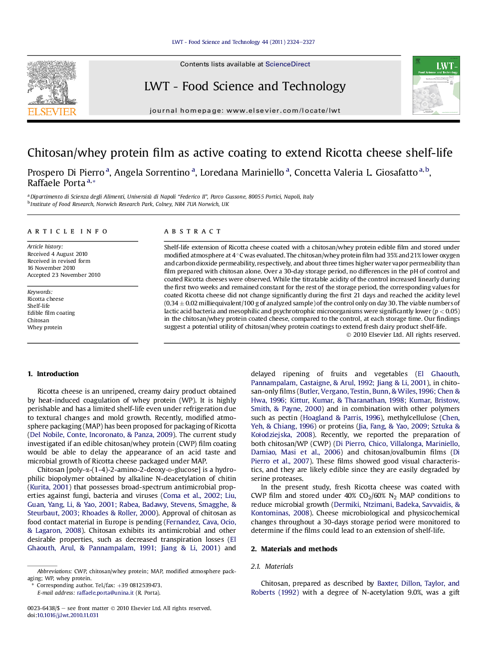 Chitosan/whey protein film as active coating to extend Ricotta cheese shelf-life