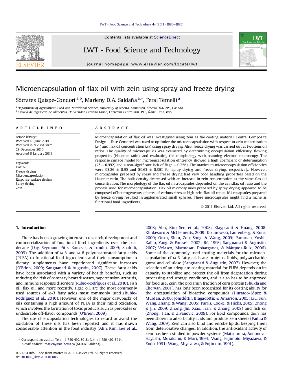 Microencapsulation of flax oil with zein using spray and freeze drying