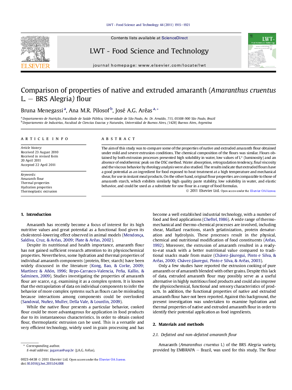 Comparison of properties of native and extruded amaranth (Amaranthus cruentus L. - BRS Alegria) flour