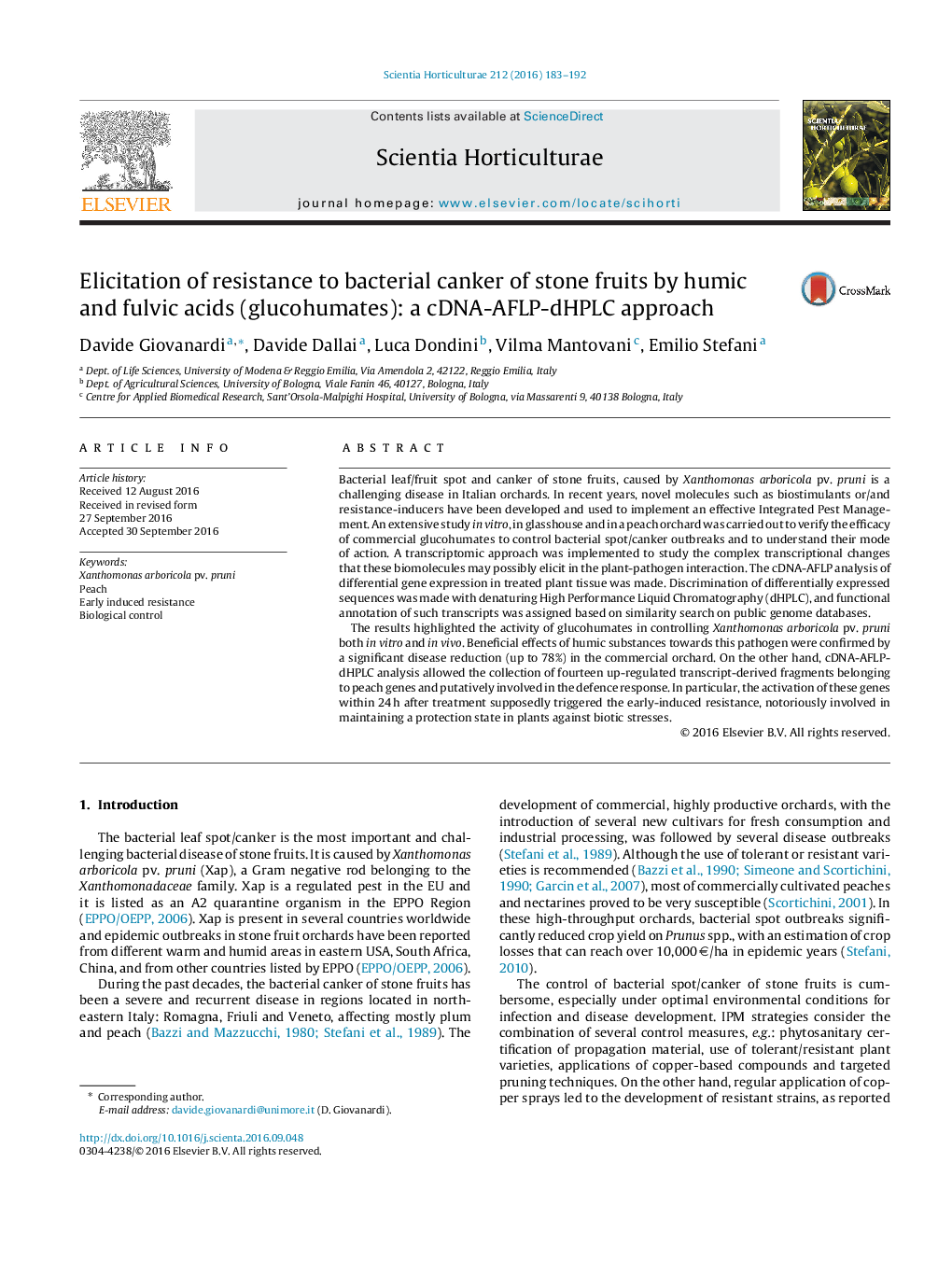 Elicitation of resistance to bacterial canker of stone fruits by humic and fulvic acids (glucohumates): a cDNA-AFLP-dHPLC approach