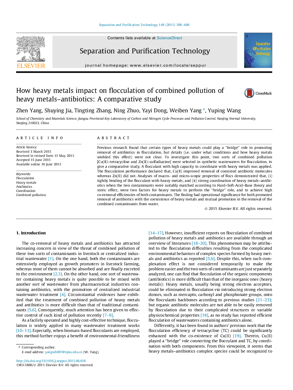 How heavy metals impact on flocculation of combined pollution of heavy metals–antibiotics: A comparative study