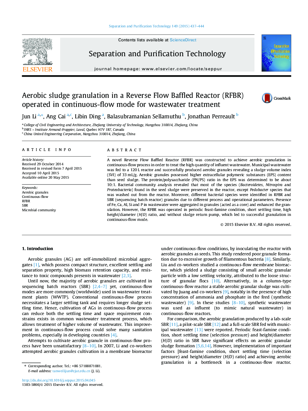 Aerobic sludge granulation in a Reverse Flow Baffled Reactor (RFBR) operated in continuous-flow mode for wastewater treatment