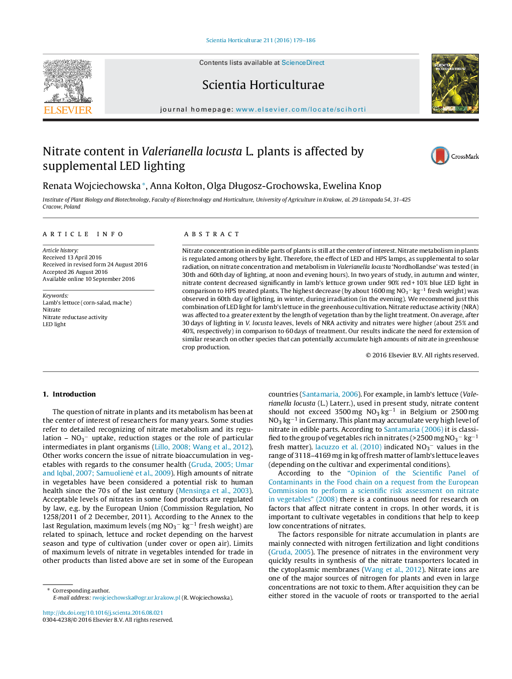 Nitrate content in Valerianella locusta L. plants is affected by supplemental LED lighting