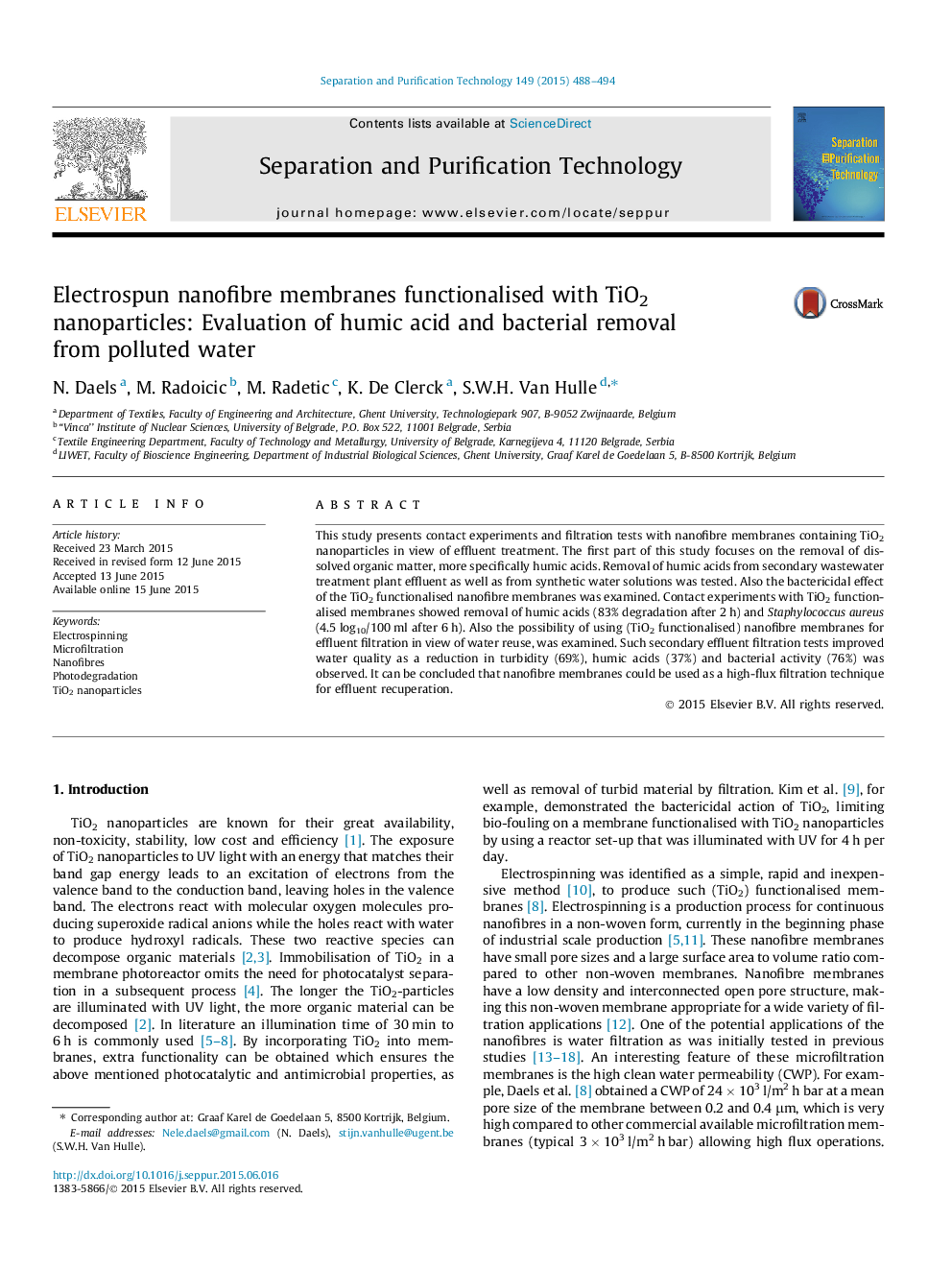 Electrospun nanofibre membranes functionalised with TiO2 nanoparticles: Evaluation of humic acid and bacterial removal from polluted water