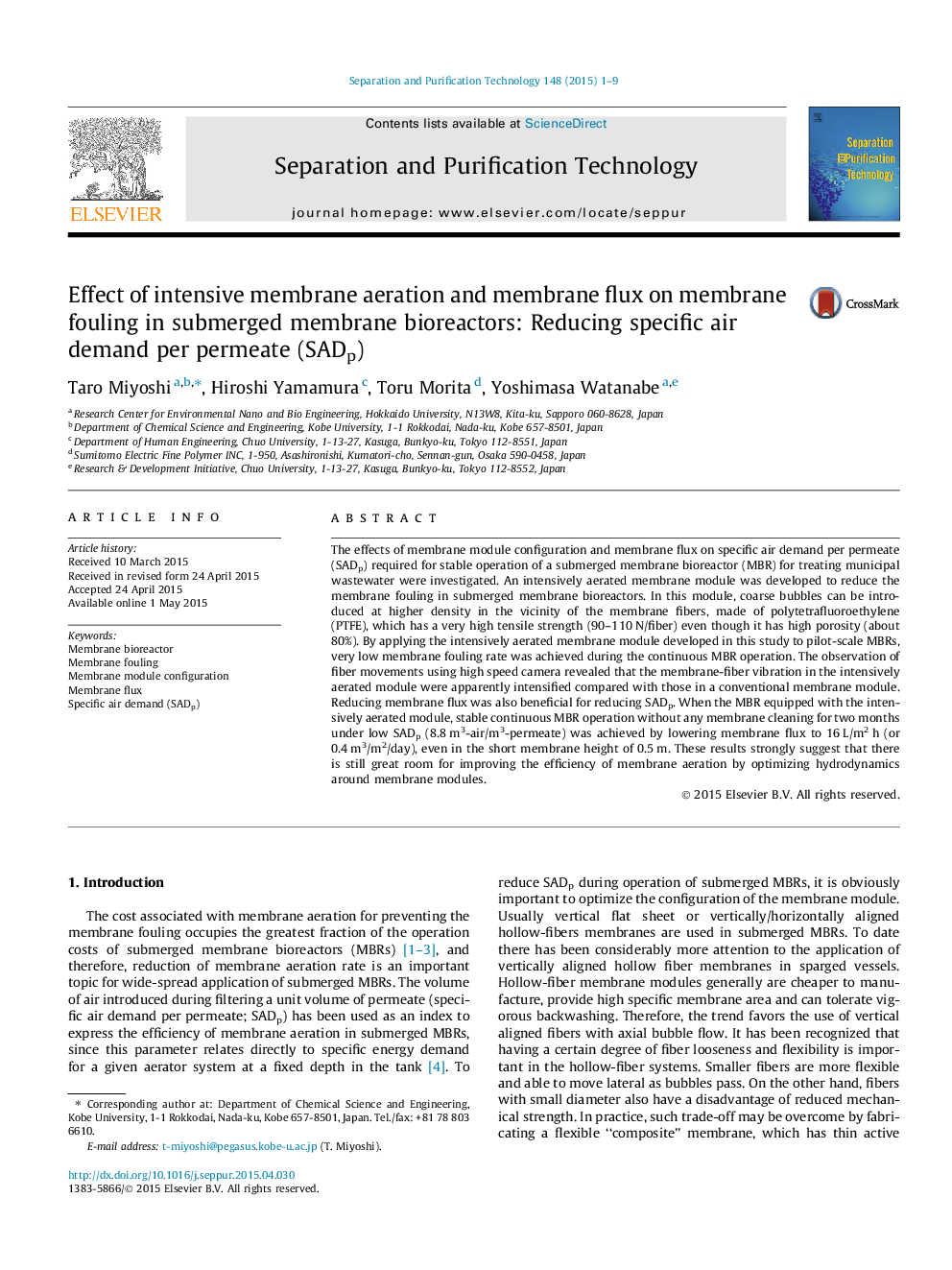 عکس صفحه اول مقاله: Effect of intensive membrane aeration and membrane flux on membrane fouling in submerged membrane bioreactors: Reducing specific air demand per permeate (SADp) Effect of intensive membrane aeration and membrane flux on membrane fouling in submerged membrane bioreactors: Reducing specific air demand per permeate (SADp)